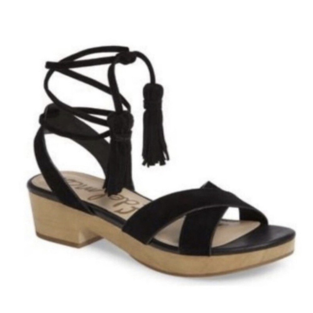 Sam Edelman Jenna Sandals Black Ankle Straps Wooden Heel Platform Suede Boho 7.5